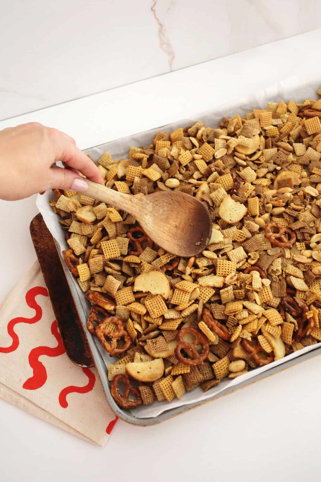 making homemade chex mix