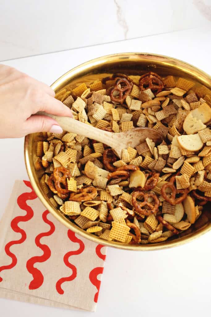 making homemade chex mix