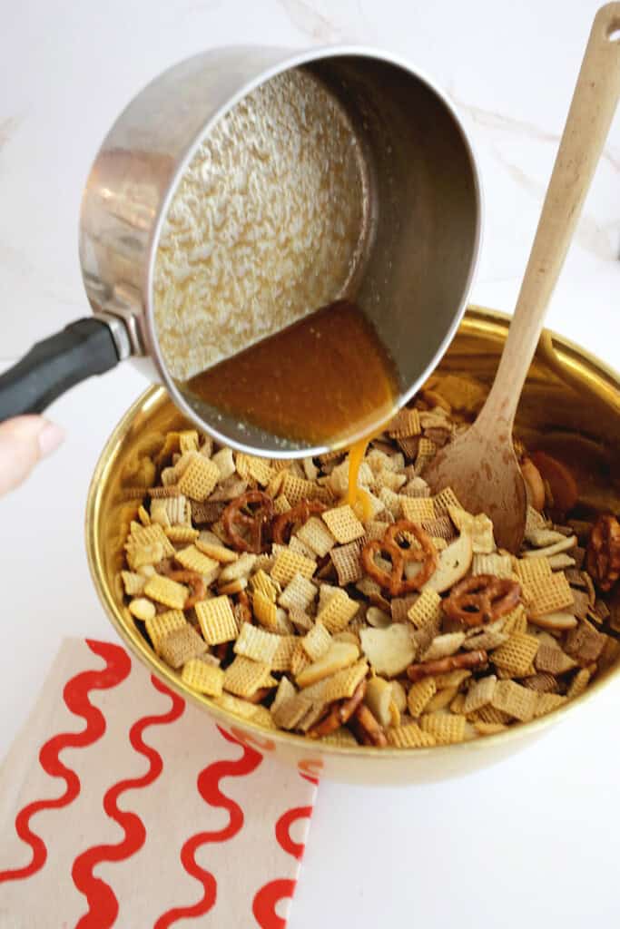 making homemade chex mix